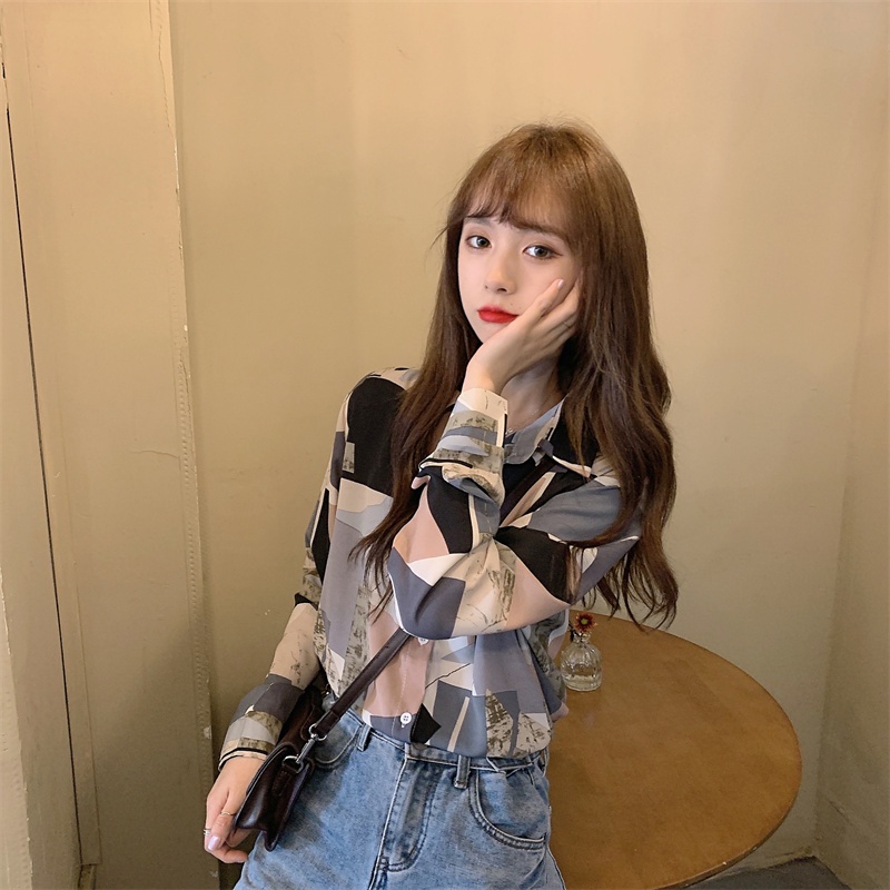 【ZHELIHANGFEI】Áo Sơ Mi Tay Dài Form Rộng Họa Tiết In Theo Phong Cách Retro Dễ Phối Đồ