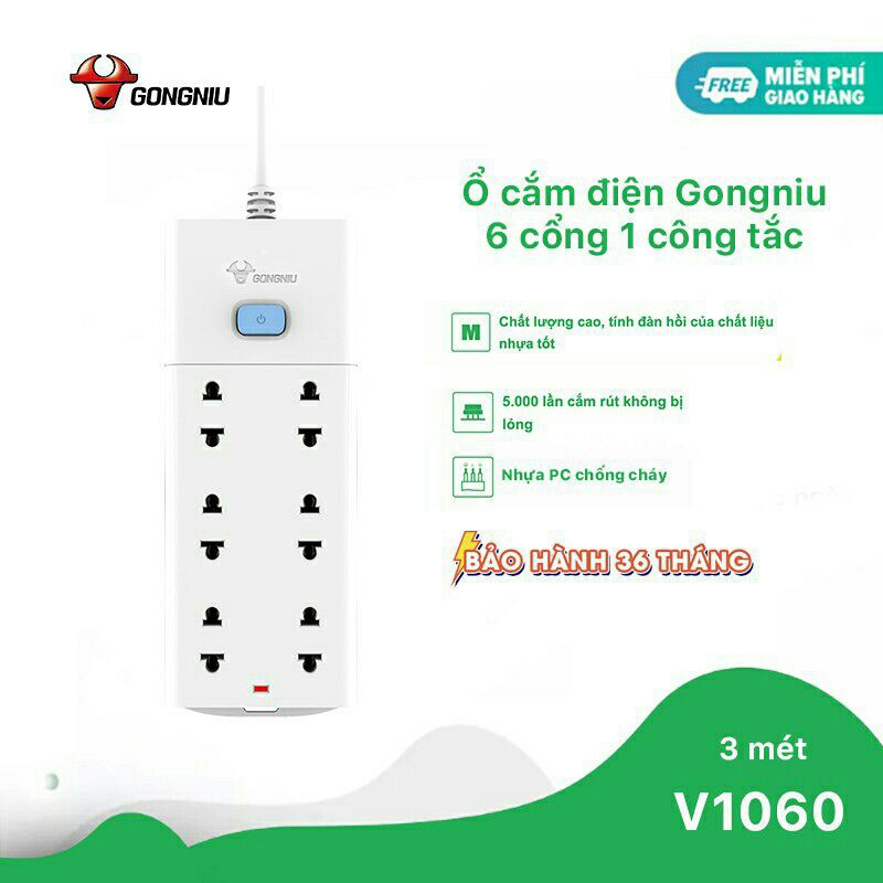 Ổ Cắm Điện Gongniu 6 Ổ 1 Công Tắc-2500W/10A (V1060) Chính Hãng