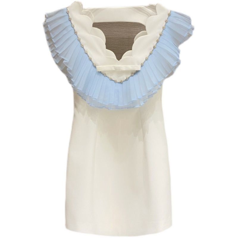 Phong Cách mới!F &amp; X Đầm Hai Dây Ngắn Lưng Cao Viền Gợn Sóng Bằng Vải Organza Nhẹ Nhàng Quyến Rũ Cao Cấp Kiểu Pháp Ngọt Ngào Thời Trang Mùa Hè Dành Cho Nữ