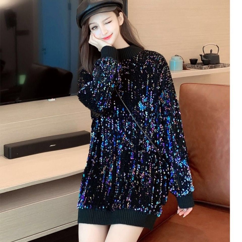 Áo Khoác Chui Đầu Dáng Rộng Dài Vừa Đính Sequin Dày Dặn Kiểu Hàn Quốc Thời Trang Mùa Thu 2021