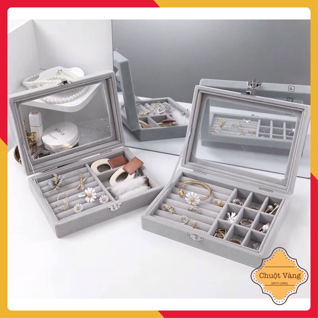 Hộp đựng đồ trang sức có kính nhựa Mika  bọc nhung 1 tầng chia ngăn nhỏ gọn tiện ích,trẻ trung phù hợp mọi lứa tuổi