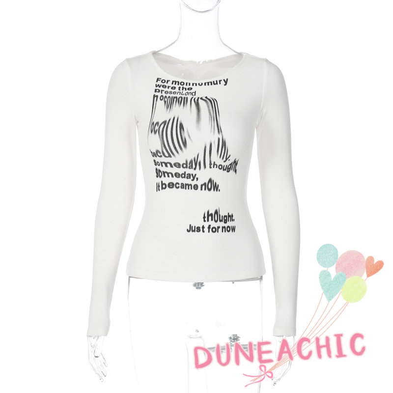 DUNEA Áo Thun Dài Tay Cổ Tròn In Chữ Cá Tính Dành Cho Nữ