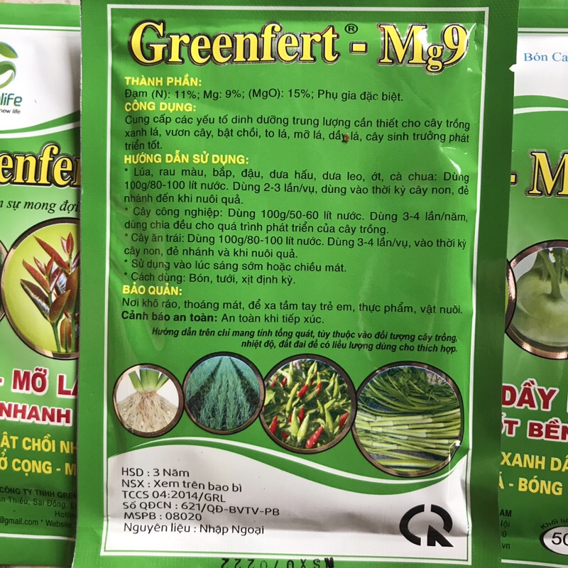 Phân bón lá hữu cơ chuyên dùng cho rau xanh, tốt rễ, dày lá, tốt bền, greenfert mg9 50g
