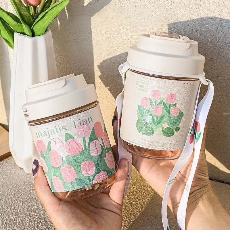 Bình Nước Thủy Tinh Dung Tích Lớn 400/500ML Họa Tiết Hoa Tulip Dễ Thương