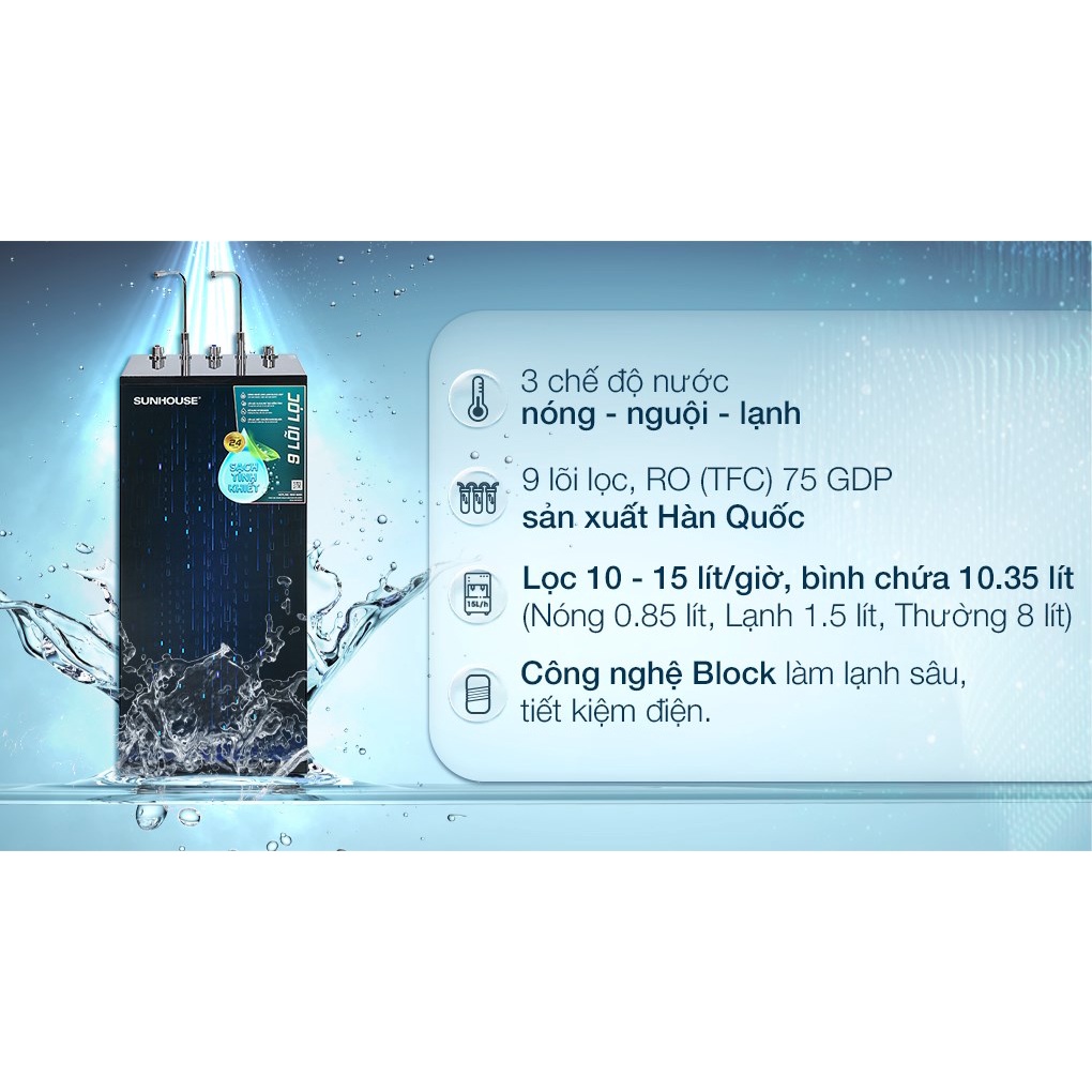 Máy lọc nước RO nóng nguội lạnh Sunhouse SHA76215CK 9 lõi
