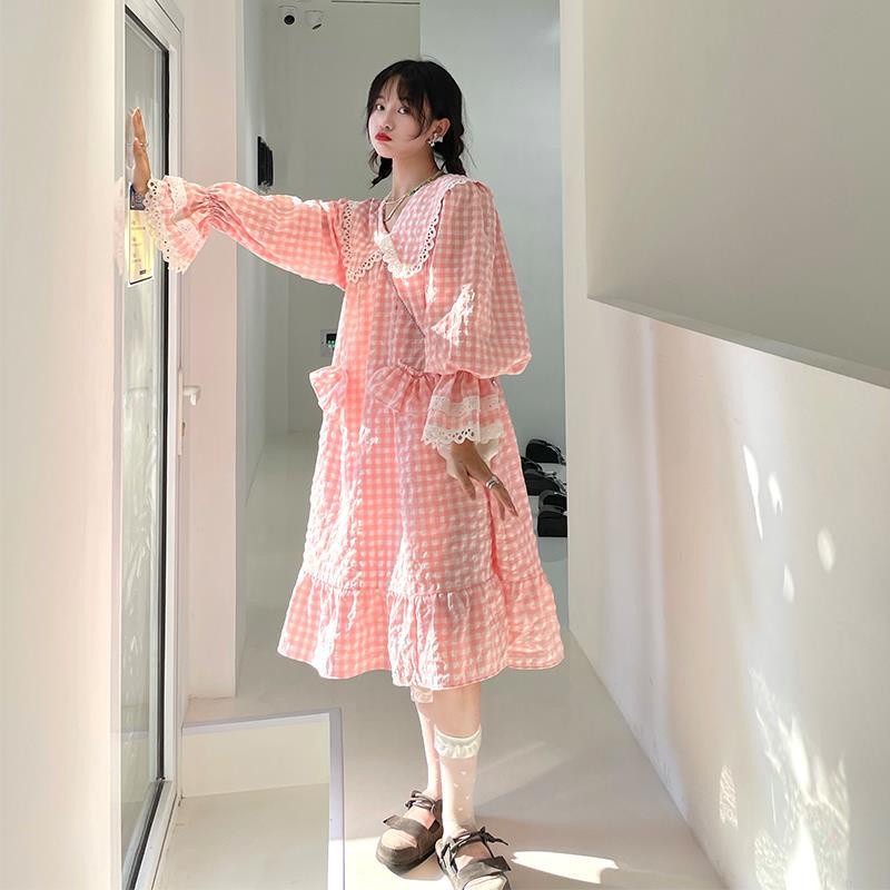 Jiashucheng Đầm Tay Loe Dài Qua Gối Cổ Búp Bê Họa Tiết Kẻ Sọc Màu Hồng Ngọt Ngào Phong Cách Mới Cho Học Sinh Tuổi Teen