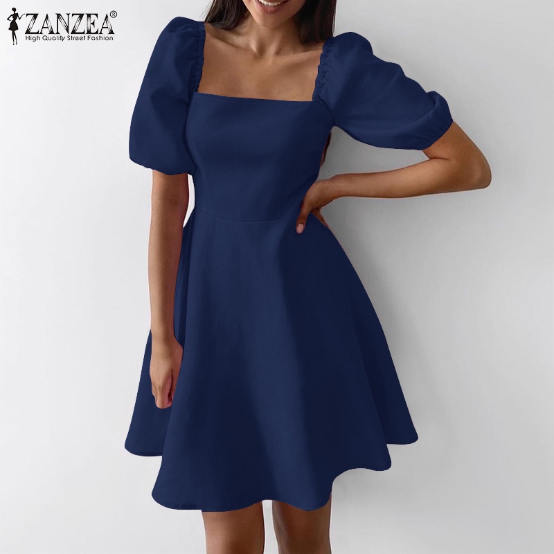 Đầm Mini ZANZEA tay phồng cổ vuông màu trơn thời trang cho nữ