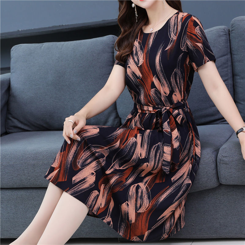 Summer Mom Clothes2021New Middle-Aged and Elderly Cotton Silk Artificial Cotton Cotton Mid-Length Skirt Four Or Five Ten-Year-Old Dress