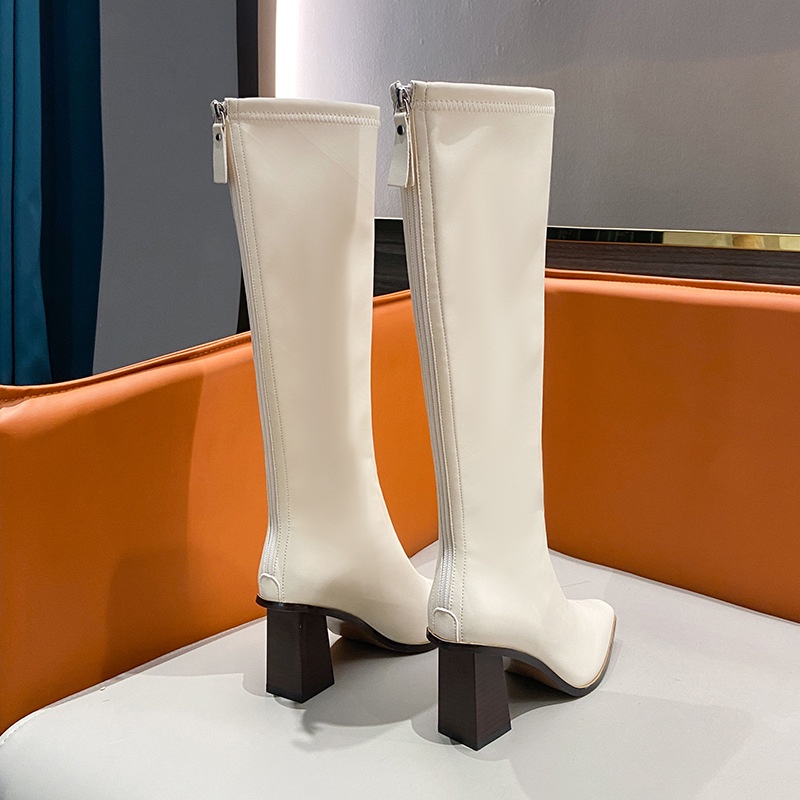 Giày bốt IELGY cao gót mũi nhọn ống cao phối dây kéo sau phong cách Hàn Quốc dành cho nữ