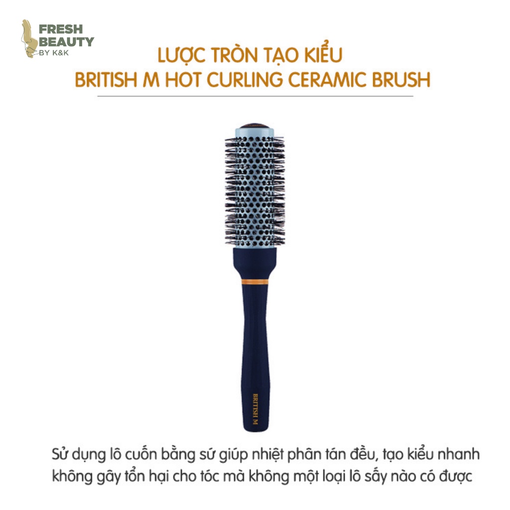 Lược tròn đặc biệt tạo kiểu lọn xoăn, gợn sóng tạo độ phồng tốt cho tóc ngắn BRITISH M Hot Curling Ceramic Brush 33mm