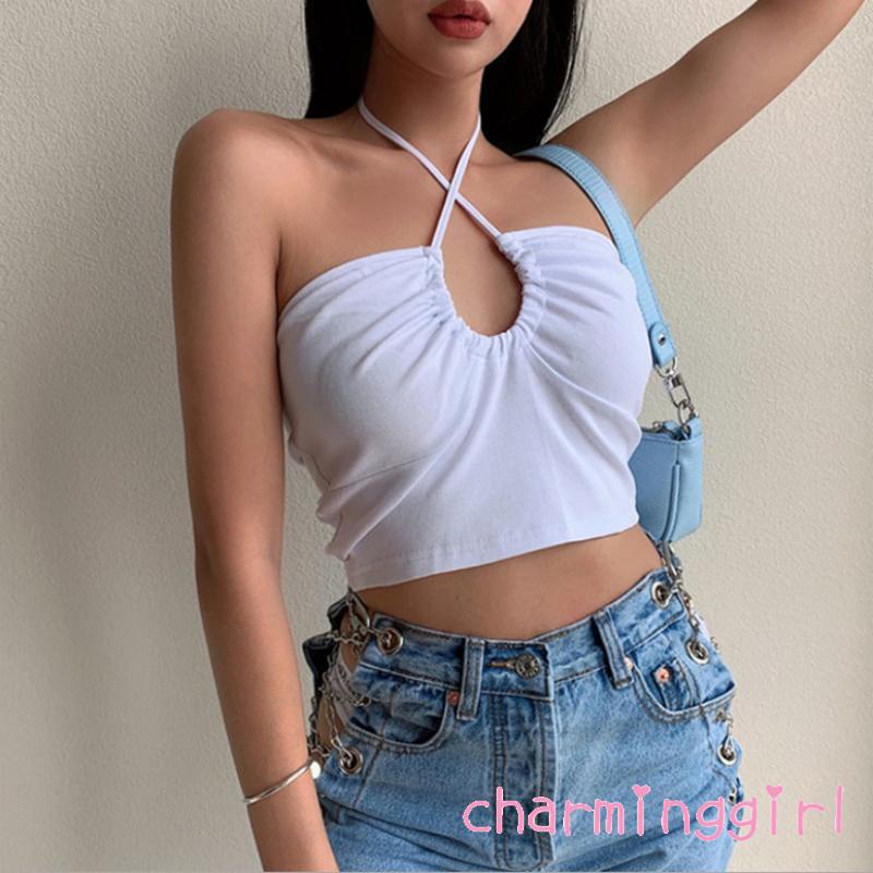 Áo croptop không tay màu trơn thiết kế thời trang quyến rũ cho nữ