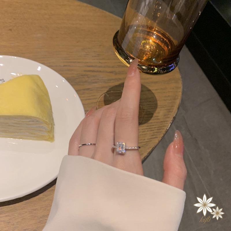 【kifli】Nhẫn Hở Đính Đá Zircon Hình Vuông Có Thể Điều Chỉnh Phong Cách Hàn Quốc Tinh Tế Cho Nữ