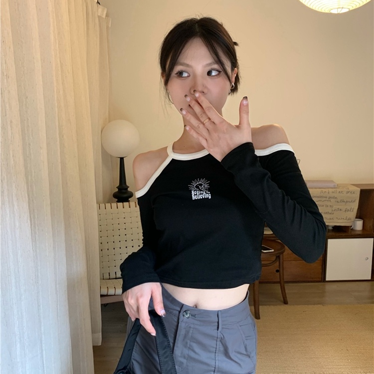 Áo thun SUXI tay dài trễ vai in họa tiết thời trang dành cho nữ