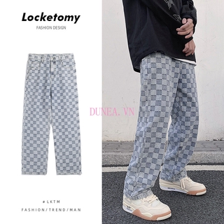 DUNEA Men's New Hip-hop Wide-leg Skateboard Plaid Jeans