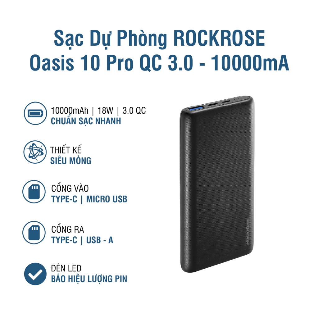 Sạc Dự Phòng Siêu Mỏng 10000mAh ROCKROSE Oasis 10 Pro QC 3.0 - Cổng USB A/ Type C Sạc Nhanh Cho Iphone/ Android