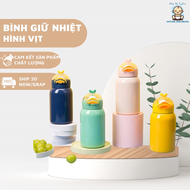 Bình Nước Giữ Nhiệt Inox 304 Cao Cấp Hình Vịt Con, Bình Đựng Nước Đi Học Cho Bé Xinh Xắn