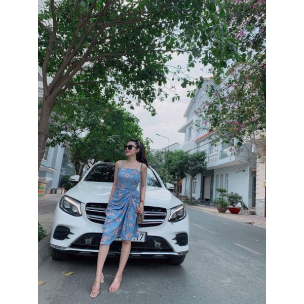 đầm hoa 2 dây nhún hông