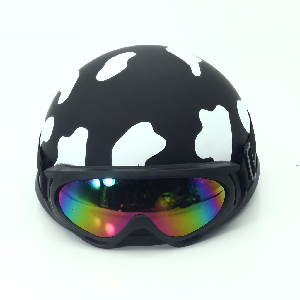 Mũ bảo hiểm nửa đầu bò sữa màu đen có kèm kính uv phi công,nón bảo hiểm 1/2 free size cho nam nữ, Thế Giới Mũ