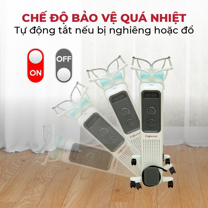 Máy sưởi dầu Nhật Bản Nhập Khẩu không khô da 11 thanh Fujihome, máy sưởi ấm điện không đốt oxy tự ngắt không gốm mini