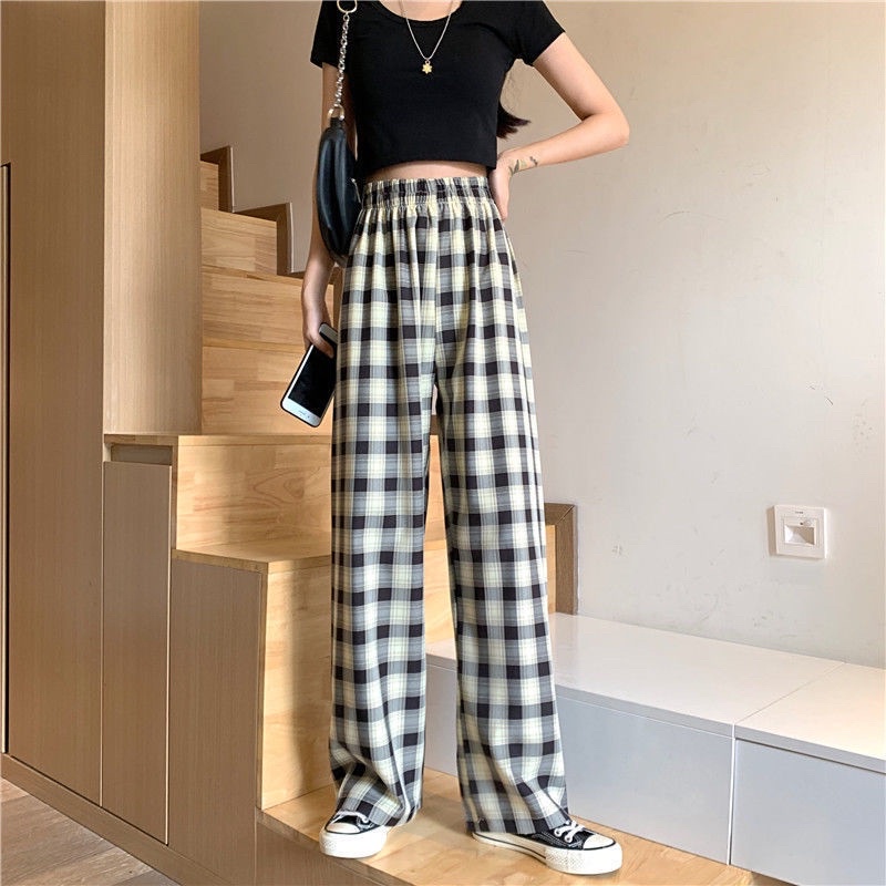 MS076 Quần suông ống rộng kẻ caro cạp chun