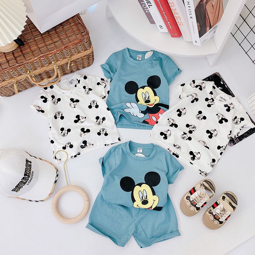 Bộ Quần Áo Cộc Tay MinkyMom Vải Cao Cấp In Hình Micky Trắng Xanh Cho Bé Từ 8-20kg Mac CT07