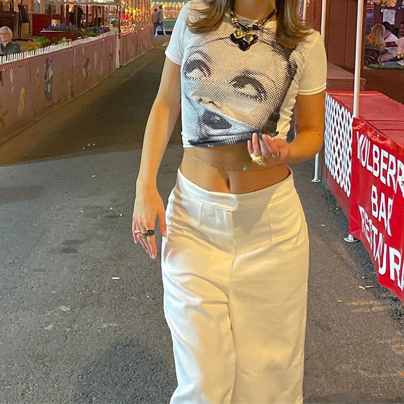 QQ Áo Thun Tay Ngắn Cổ Tròn In Hình Khuôn Mặt Thời Trang Mùa Hè Dành Cho Nữ