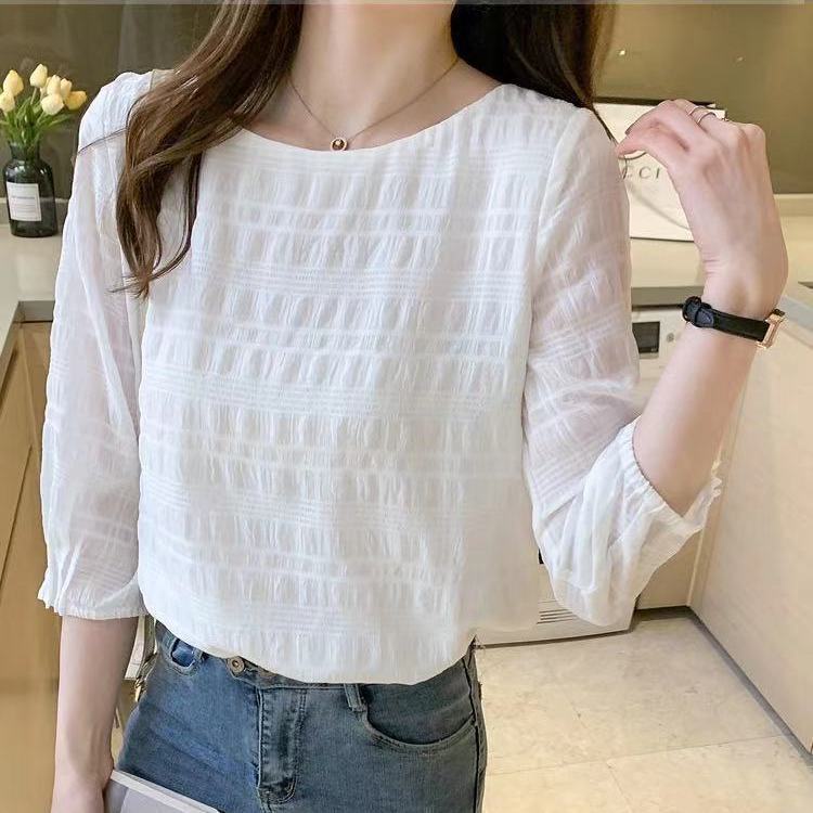 Áo Sơ Mi Chiffon Tay Lửng Cổ Tròn Màu Trơn Thời Trang 2022