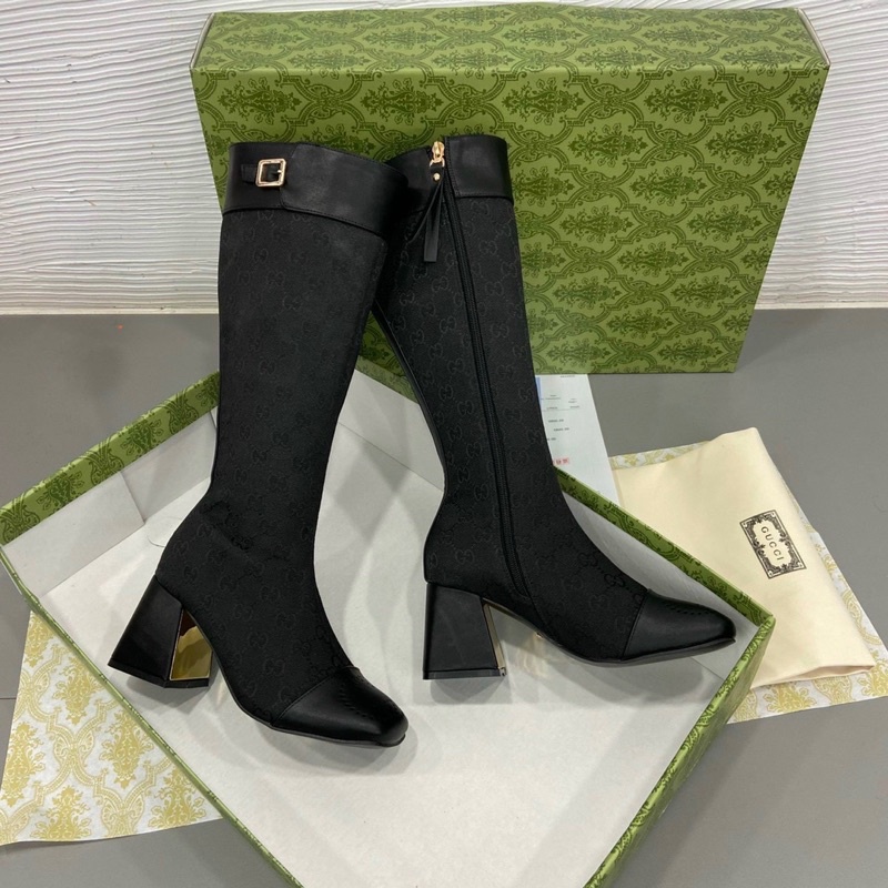 Giày boot nữ bốt cổ cao gót vuông guc.ci pha mũi tròn boots gối hồ ngọc hà