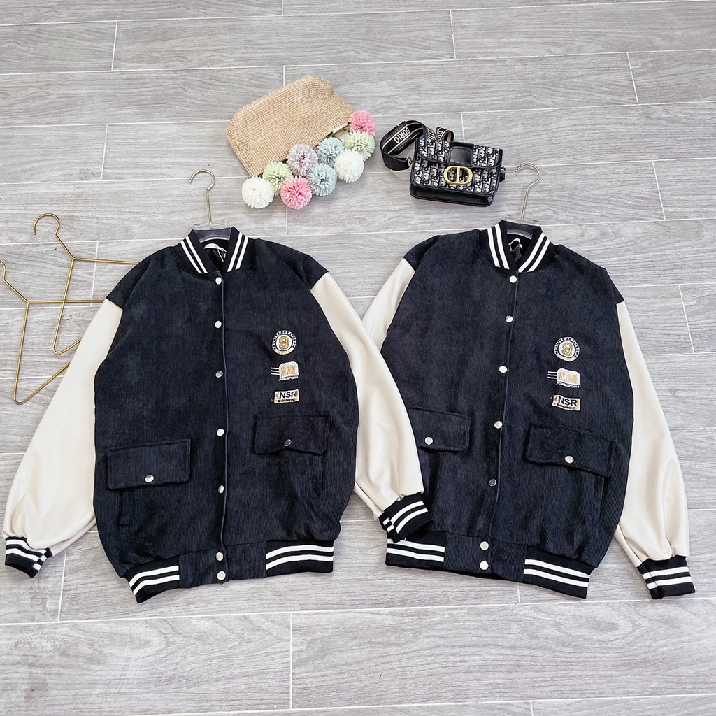 Áo bomber Uniex nam nữ nhung tăm phối tay trắng có túi hộp