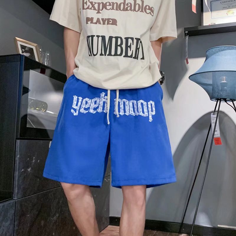 Quần Short Thể Thao Ống Rộng Màu Trơn Phối Dây Rút In Chữ Thời Trang Hàn Quốc Cho Nam