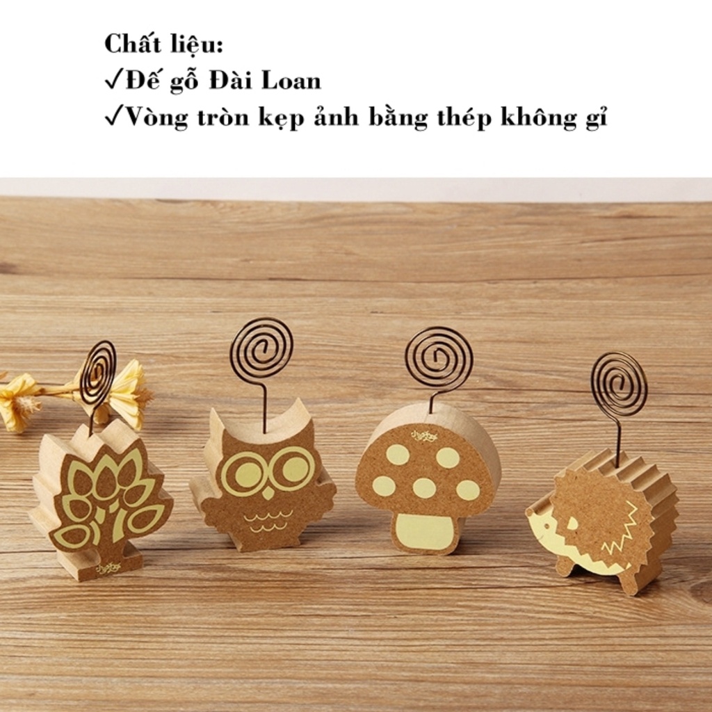 Kẹp ảnh để bàn đế gỗ hình con nhím, cú mèo,  cây, nấm, kẹp cardvisit, note, quà tặng ý nghĩa Tú Vy Studio