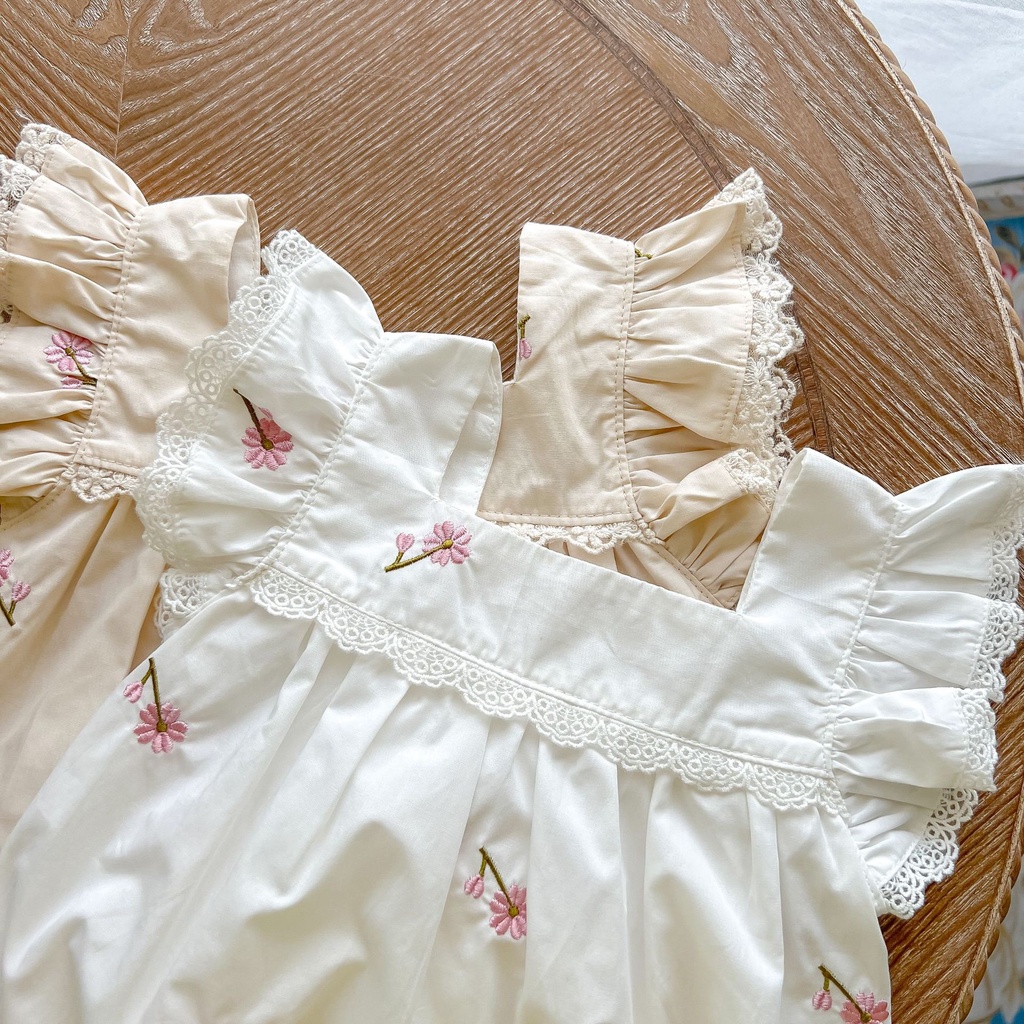 Áo Liền Quần Cổ Vuông Bằng Cotton Thêu Ren Dễ Thương Dành Cho Bé
