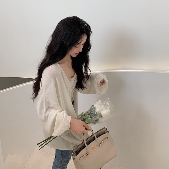 Áo khoác SUXI cardigan dệt kim dáng rộng màu trơn thời trang mùa thu mới cho nữ