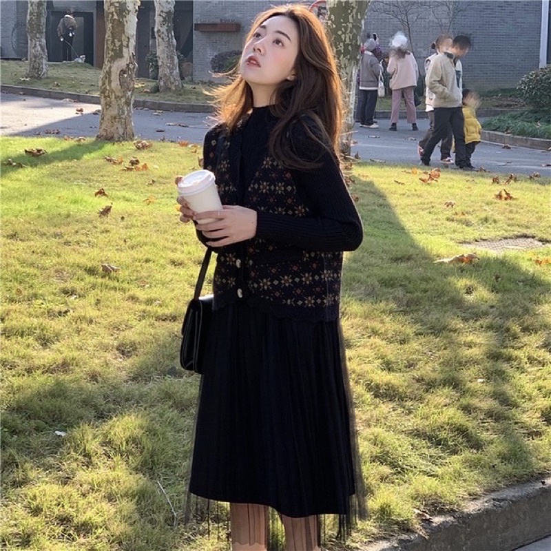 Set váy len phối gile len Hàn Quốc