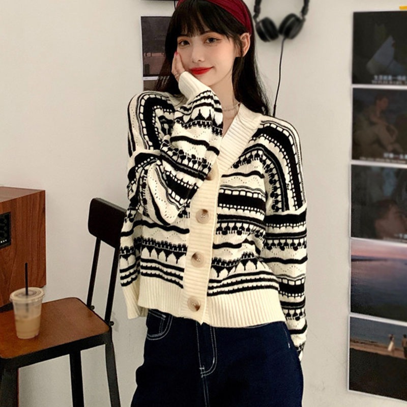 Áo Khoác Cardigan Dệt Kim Hoạ Tiết Kẻ Sọc Thiết Kế Cổ Chữ V