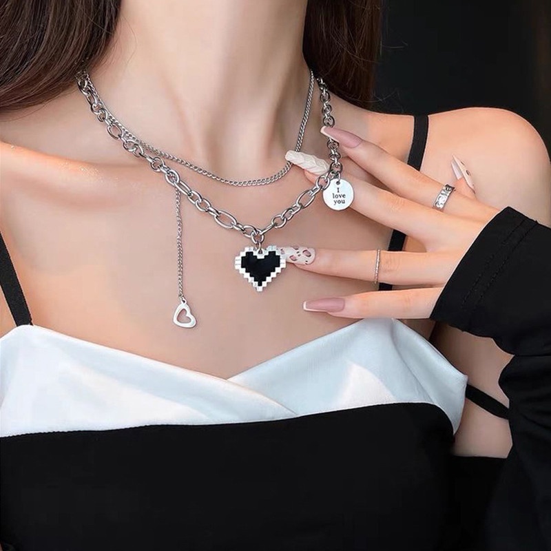 Vòng cổ choker nhiều lớp mặt hình trái tim phong cách hip hop thời trang cho nữ