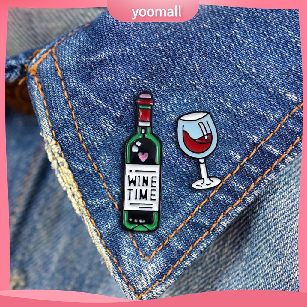 Huy hiệu cài áo hình ly rượu/ chai rượu vang họa tiết chữ cái Tiếng Anh &quot;Wine Time&quot; thời trang