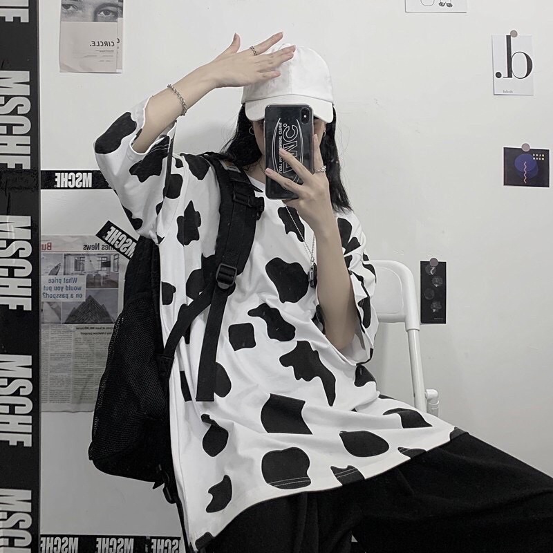 Áo Thun Cotton Hình Bò Sữa Ngắn Tay Siêu Hot 2021 - Áo Phông Nam Nữ Unisex Loang Đen Trắng