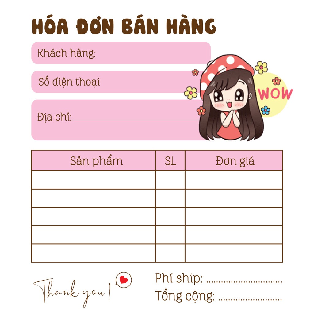 Hoá đơn bán hàng mini 1 liên dễ thương mẫu cô gái - G