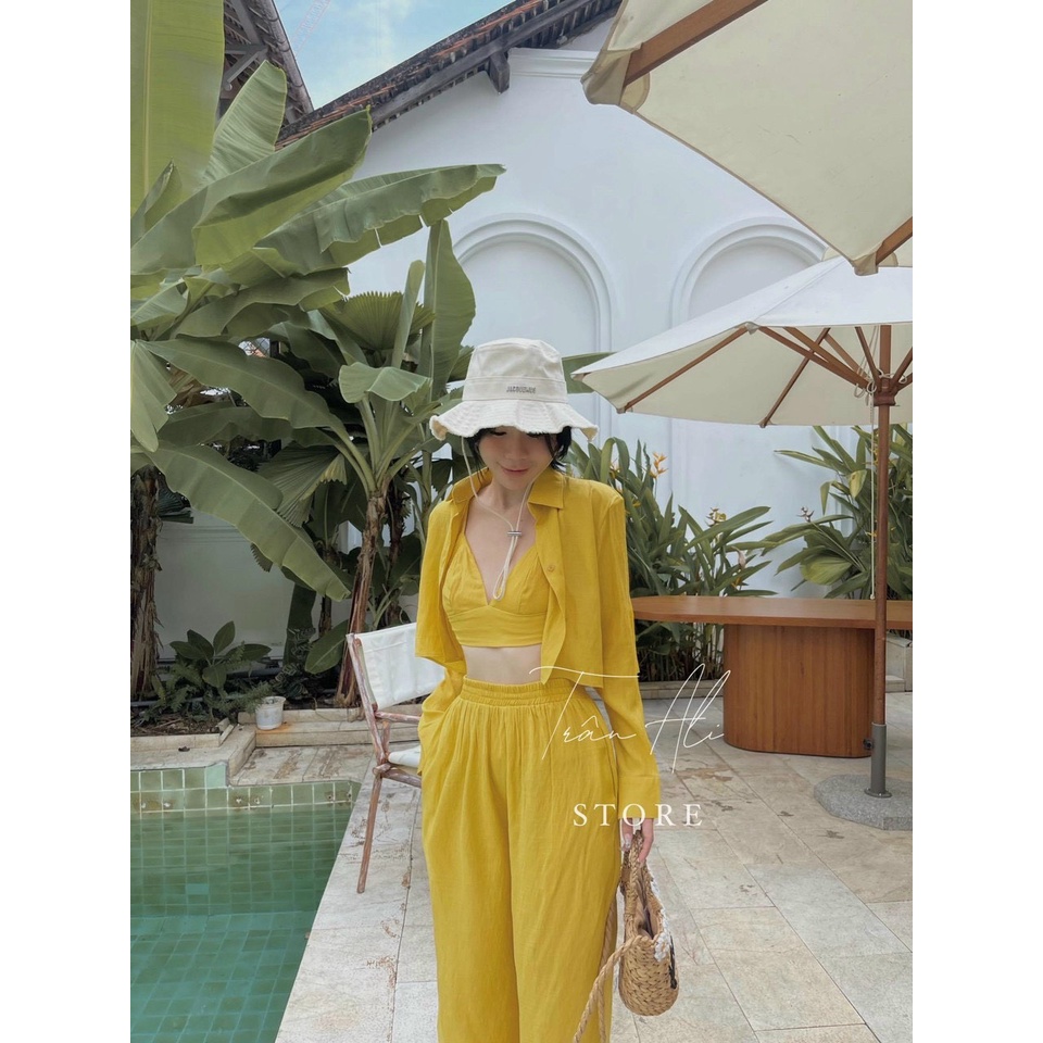 Set 3 Món Đũi Quần Suông Phối Áo 2 Dây Ngắn Kèm Áo Sơ Mi Kiểu Croptop Tay Dài