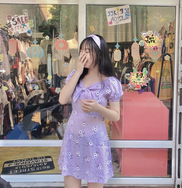 Váy caro hoa nhí tặng kèm turban style dễ thương kẹo ngọt ( ảnh thật) | BigBuy360 - bigbuy360.vn