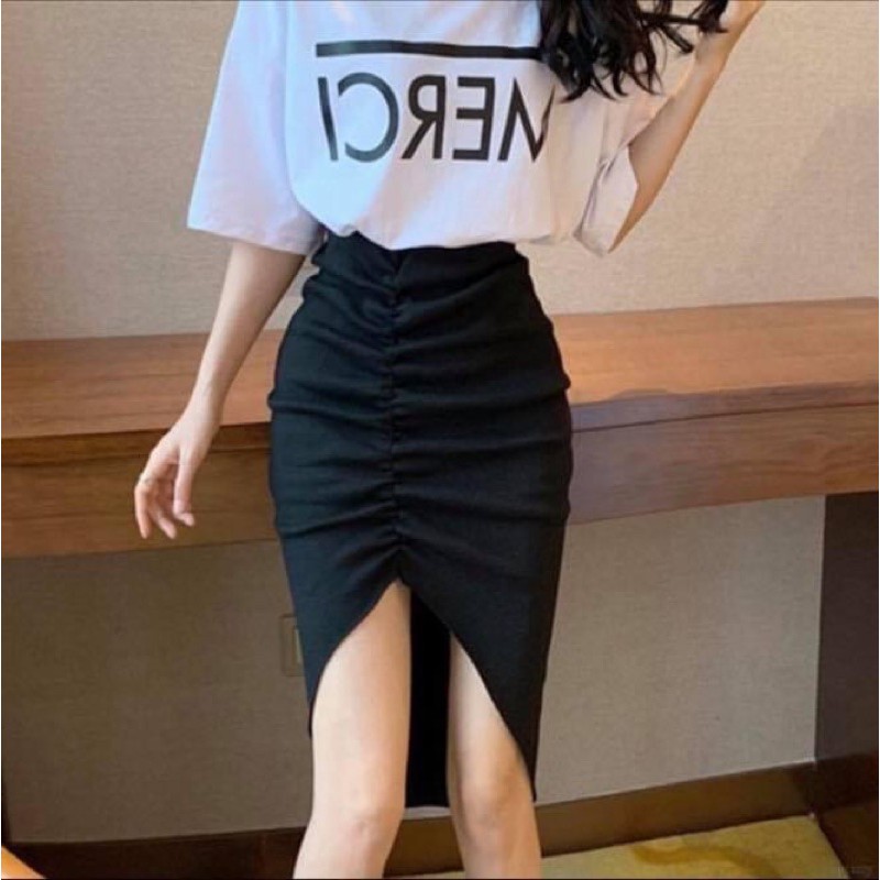 Chân váy dài midi ôm body xẻ tà dây rút nữ trơn thun - Order taobao quảng châu