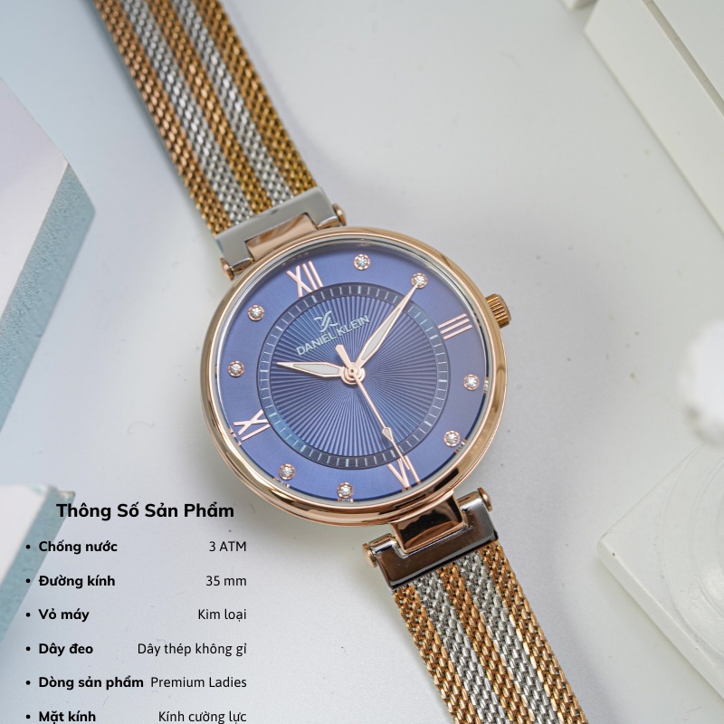 Đồng hồ nữ Daniel Klein Watch DK.1.12560 mặt nhỏ đính đá, kính cứng chống xước, chống nước, dây thép đeo tay cao cấp