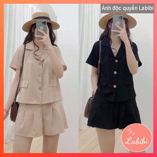 Bộ Quần Áo Đũi Nữ Phong Cách Hàn Quốc, Set Áo Cộc Tay Cổ Vest Quần Đùi Đũi Hai Màu Đen Be, Labibi