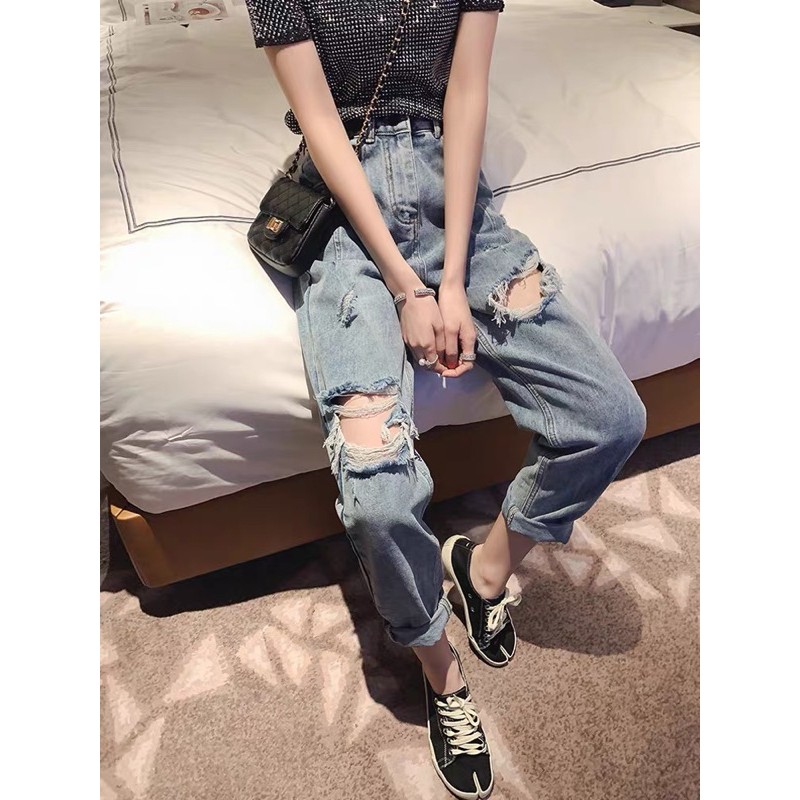 Quần size đại baggy bigsize lưng cao rách was gối hai màu kèm ảnh thật