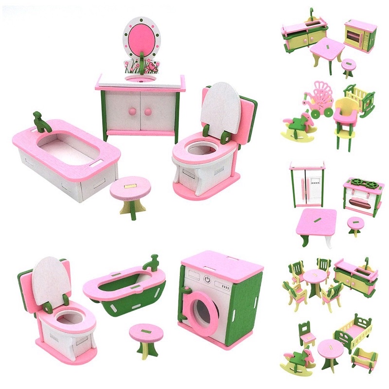 Set mô hình nội thất chất liệu gỗ ép nhẹ tỉ lệ 1/12 trang trí nhà búp bê, đồ chơi cho bé