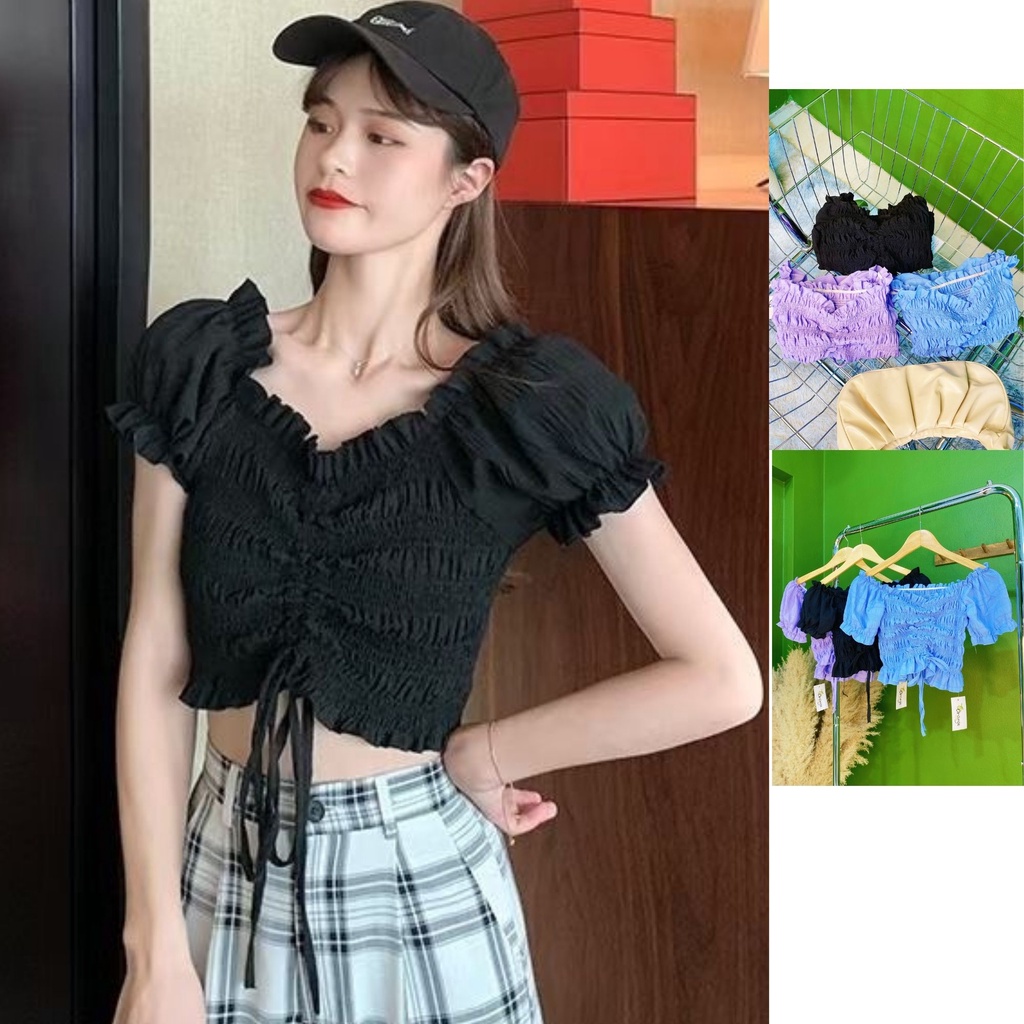 ( Có Đặt Theo Số Đo Yêu Cầu ) Áo Croptop Trễ Vai Tay Cộc Dây Dút Ôm Người A2751