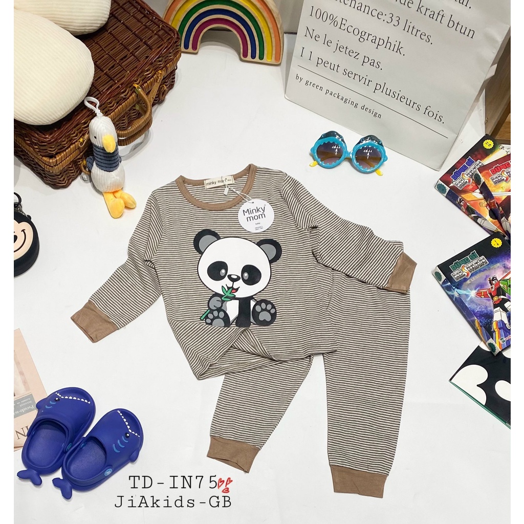 [SALE] Bộ Dài Tay Vải Cotton Borip Cho Bé Trai, Bé Gái MinkyMom Hoạ Tiết Gấu Trúc Kẻ Sọc, Đồ Bộ Cho Bé Mặc Nhà MKMTD2229