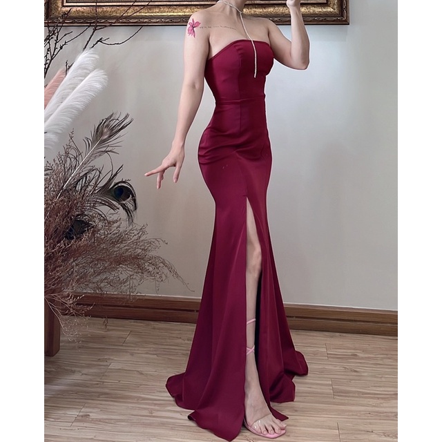 Đầm dạ hội satin màu đỏ sang trọng