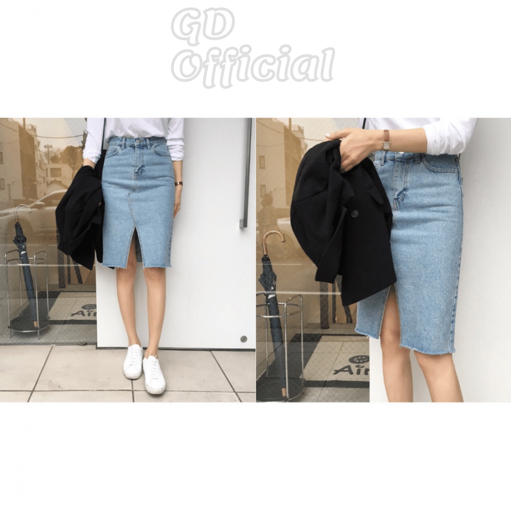 V2|Váy jeans bò dáng ôm bút chì cho nữ năng động, công sở xẻ tà chất denim dày dặn GD Official